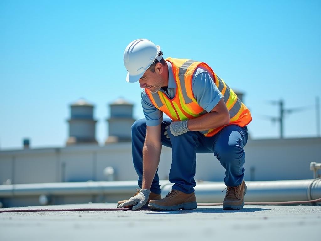 Experienced Madsen Roofing foreman inspecting a commercial rooftop, highlighting dedication to quality and safety.