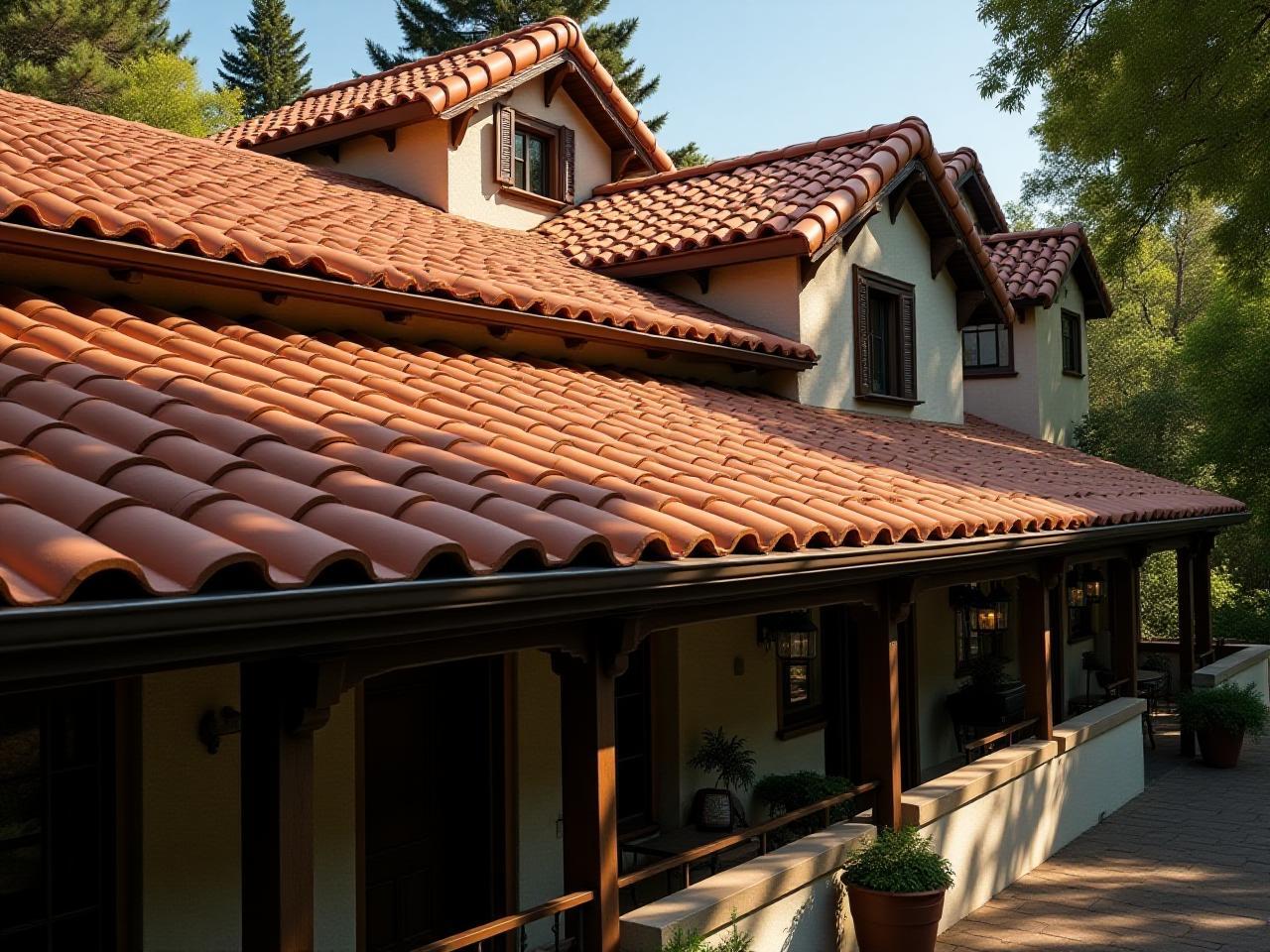 Commercial building with a traditional clay tile roof system.