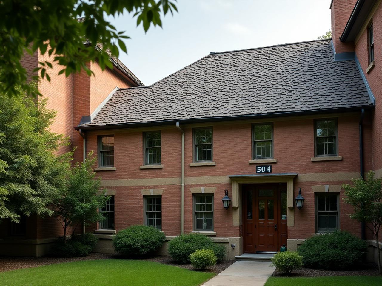University campus building with a durable composite shingle roof.