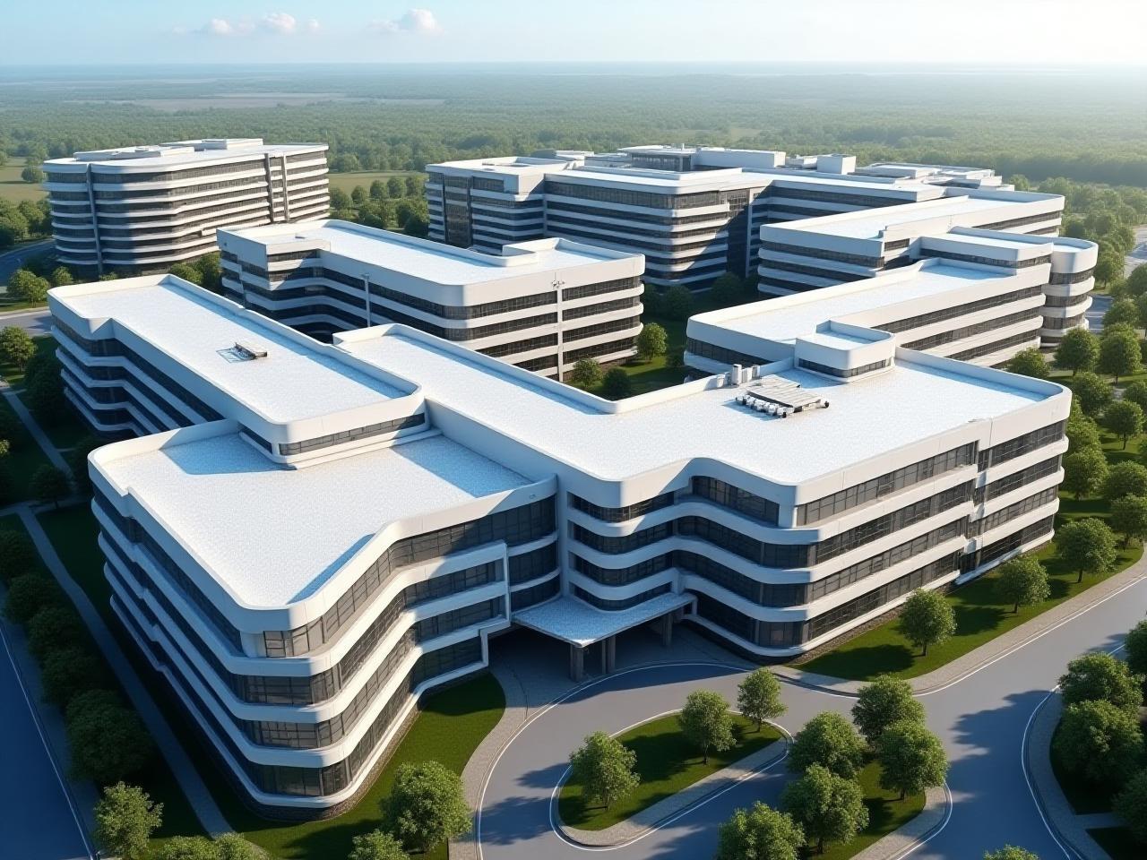 Modern healthcare campus with a complex built-up roofing system over various wings.