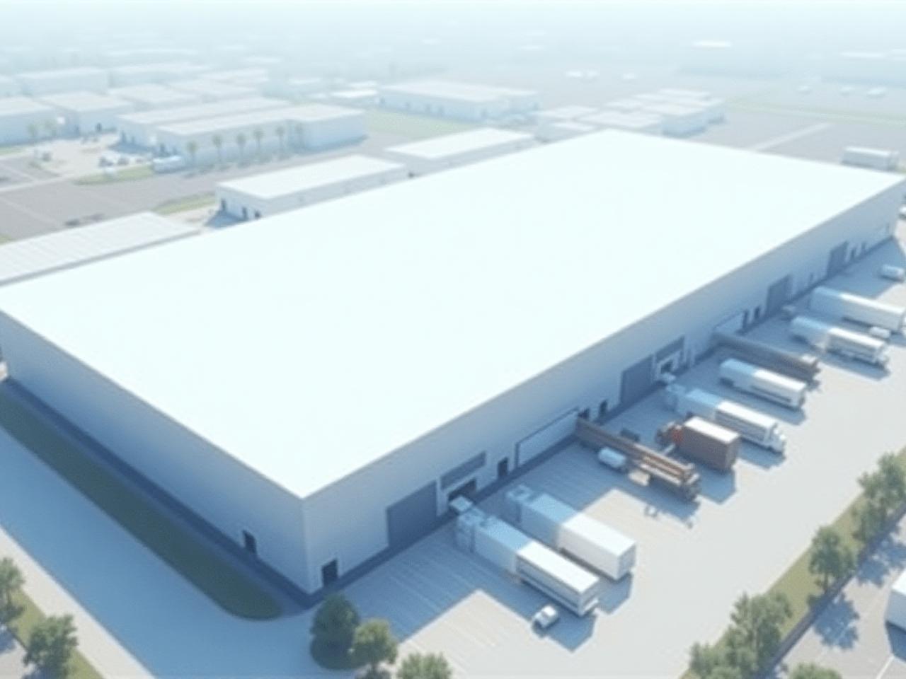 Large industrial logistics facility with a seamlessly applied spray polyurethane foam (SPF) roof.