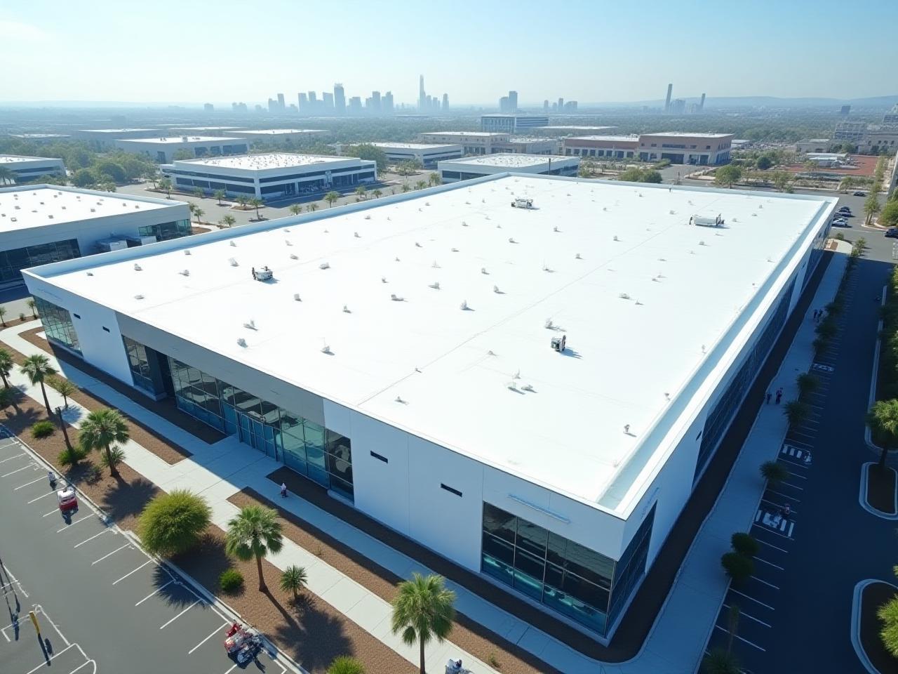 Expansive modern office complex with a new, energy-efficient white single-ply roofing system.