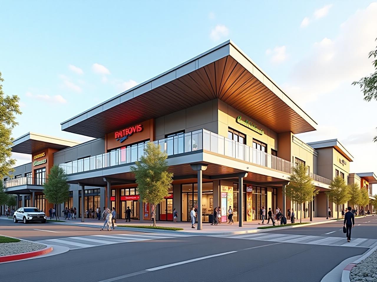Vibrant retail center featuring a multi-level architectural metal roof design.