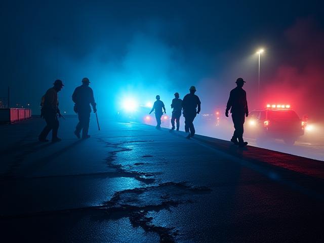 Madsen Roofing emergency crew responding to a damaged commercial roof at night.