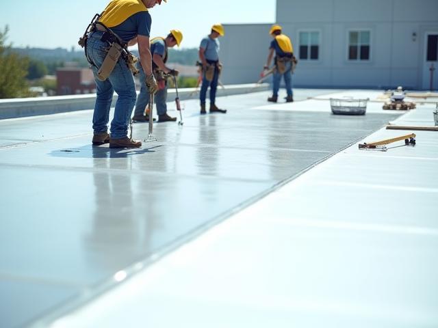 Skilled crew installing a new commercial roof system.