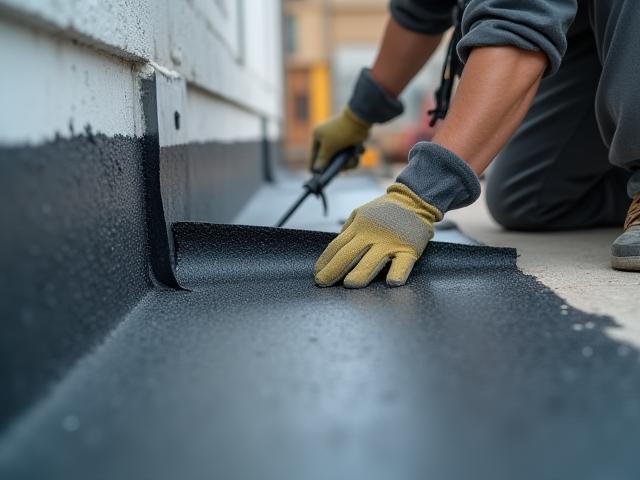Professional applying a waterproofing membrane to a commercial building foundation.